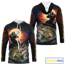 Load image into Gallery viewer, Personalized Fish Reaper Fishing Shirts Jerseys, Fish Reaper Sunset Pike Fishing Shirts Long Sleeve Hooded NHT830