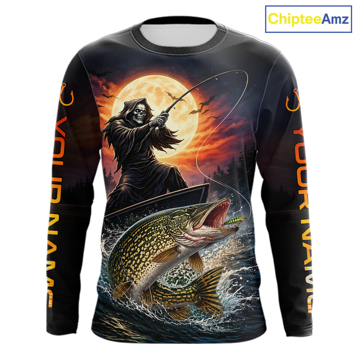 Personalized Fish Reaper Fishing Shirts Jerseys, Fish Reaper Sunset Pike Fishing Shirts Long Sleeve NHT830
