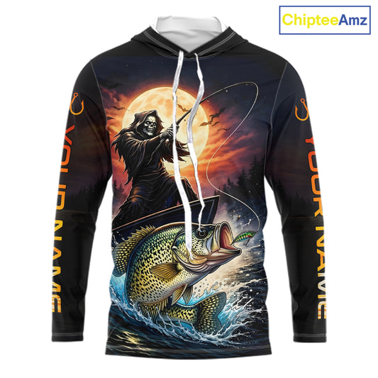 Personalized Fish Reaper Fishing Shirts Jerseys, Fish Reaper Sunset Crappie Fishing Shirts Long Sleeve Hooded NHT831