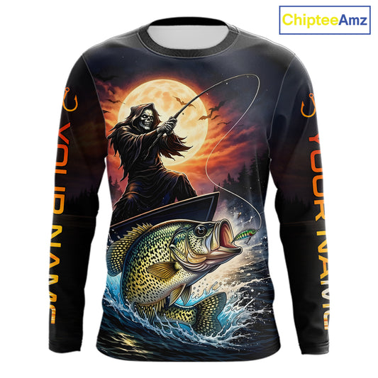 Personalized Fish Reaper Fishing Shirts Jerseys, Fish Reaper Sunset Crappie Fishing Shirts Long Sleeve NHT831