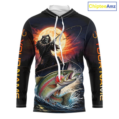 Personalized Fish Reaper Fishing Jerseys, Fish Reaper Sunset Rainbow Trout Fishing Shirts Long Sleeve Hooded NHT832