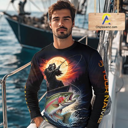 Personalized Fish Reaper Fishing Jerseys, Fish Reaper Sunset Rainbow Trout Fishing Shirts Long Sleeve NHT832