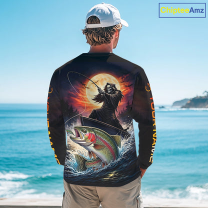 Personalized Fish Reaper Fishing Jerseys, Fish Reaper Sunset Rainbow Trout Fishing Shirts Long Sleeve NHT832