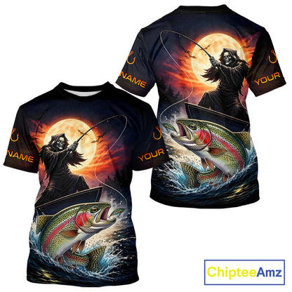 Personalized Fish Reaper Fishing Jerseys, Fish Reaper Sunset Rainbow Trout Fishing Shirts T - Shirt NHT832