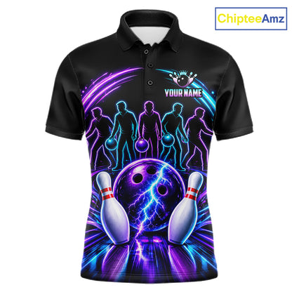 Custom Bowling Jerseys, Personalized Bowling Team Shirts For Men, Neon Lightning Tournament Polo Shirt NHT1597