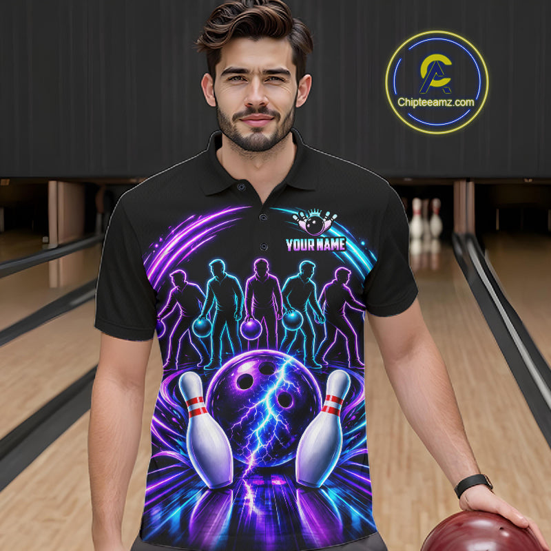 Custom Bowling Jerseys, Personalized Bowling Team Shirts For Men, Neon Lightning Tournament Polo Shirt NHT1597