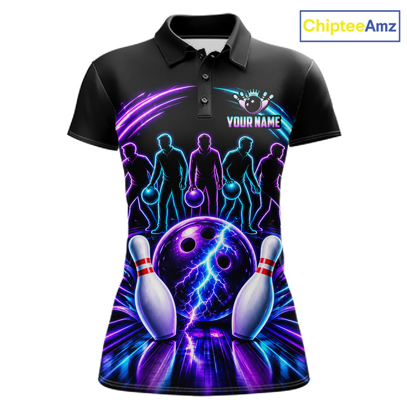 Custom Bowling Jerseys, Personalized Bowling Team Shirts For Women, Neon Lightning Tournament Polo Shirt NHT1597