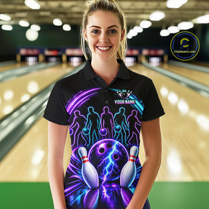 Custom Bowling Jerseys, Personalized Bowling Team Shirts For Women, Neon Lightning Tournament Polo Shirt NHT1597