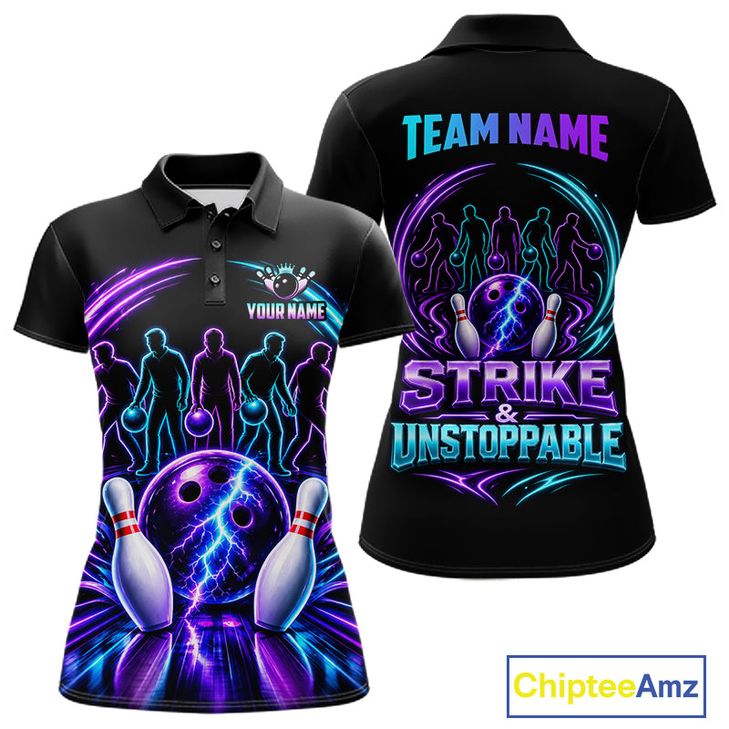 Custom Bowling Jerseys, Personalized Bowling Team Shirts For Women, Neon Lightning Tournament Polo Shirt NHT1597