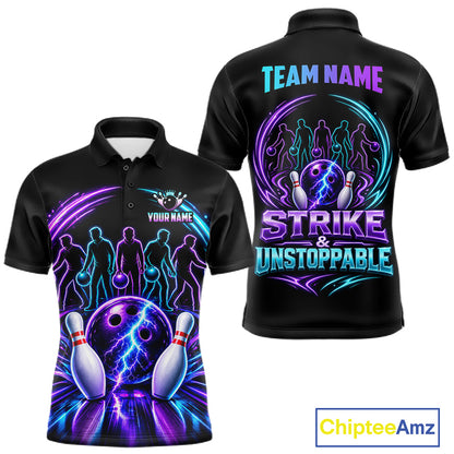 Custom Bowling Jerseys, Personalized Bowling Team Shirts For Men, Neon Lightning Tournament Polo Shirt NHT1597