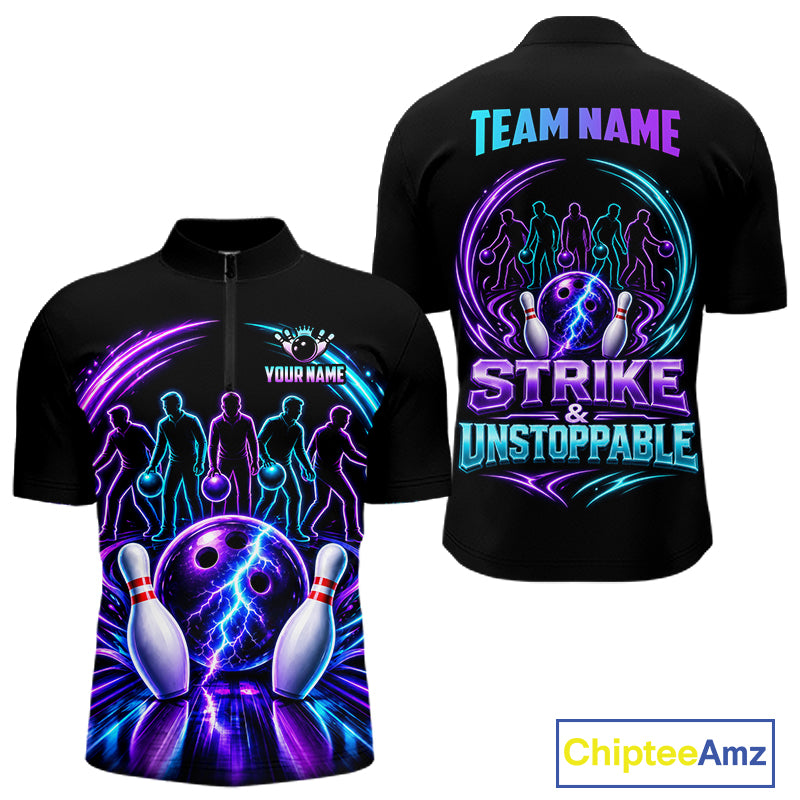 Custom Bowling Jerseys, Personalized Bowling Team Shirts For Men, Neon Lightning Tournament Polo Shirt NHT1597