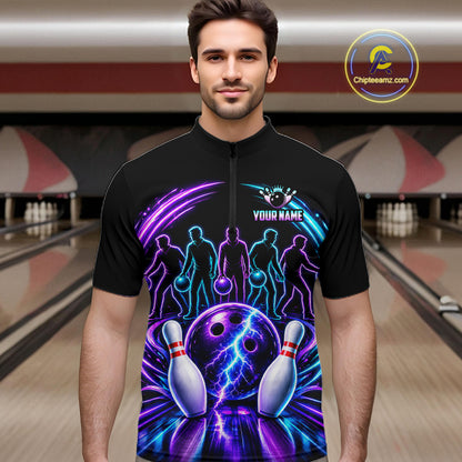 Custom Bowling Jerseys, Personalized Bowling Team Shirts For Men, Neon Lightning Tournament Polo Shirt NHT1597