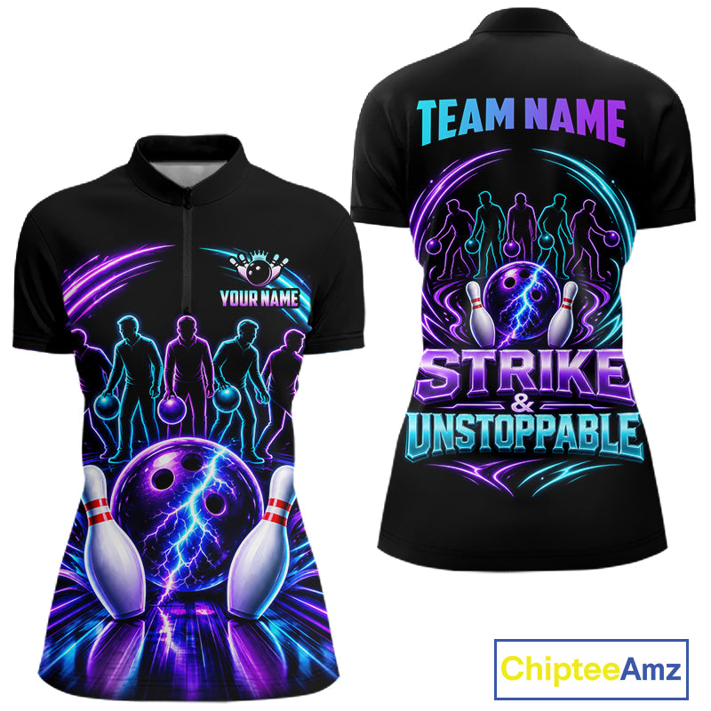 Custom Bowling Jerseys, Personalized Bowling Team Shirts For Women, Neon Lightning Tournament Polo Shirt NHT1597