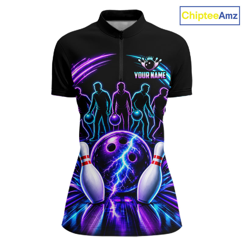 Custom Bowling Jerseys, Personalized Bowling Team Shirts For Women, Neon Lightning Tournament Polo Shirt NHT1597