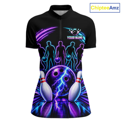 Custom Bowling Jerseys, Personalized Bowling Team Shirts For Women, Neon Lightning Tournament Polo Shirt NHT1597