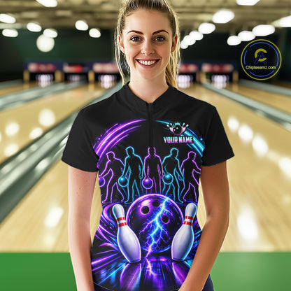 Custom Bowling Jerseys, Personalized Bowling Team Shirts For Women, Neon Lightning Tournament Polo Shirt NHT1597
