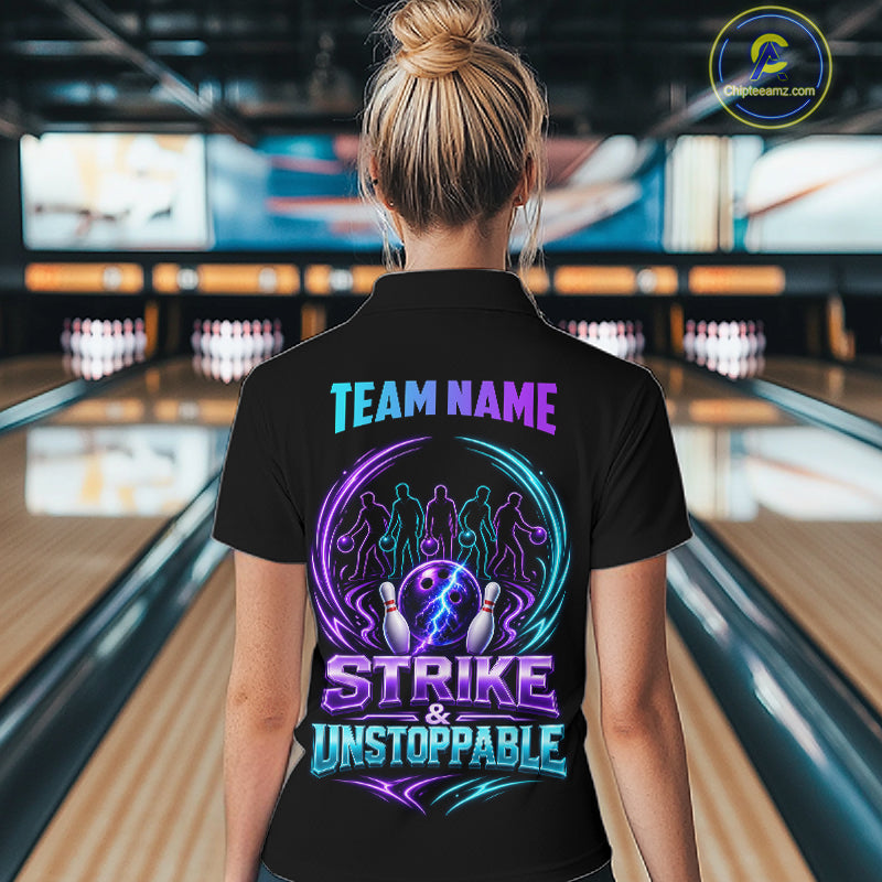 Custom Bowling Jerseys, Personalized Bowling Team Shirts For Women, Neon Lightning Tournament Polo Shirt NHT1597