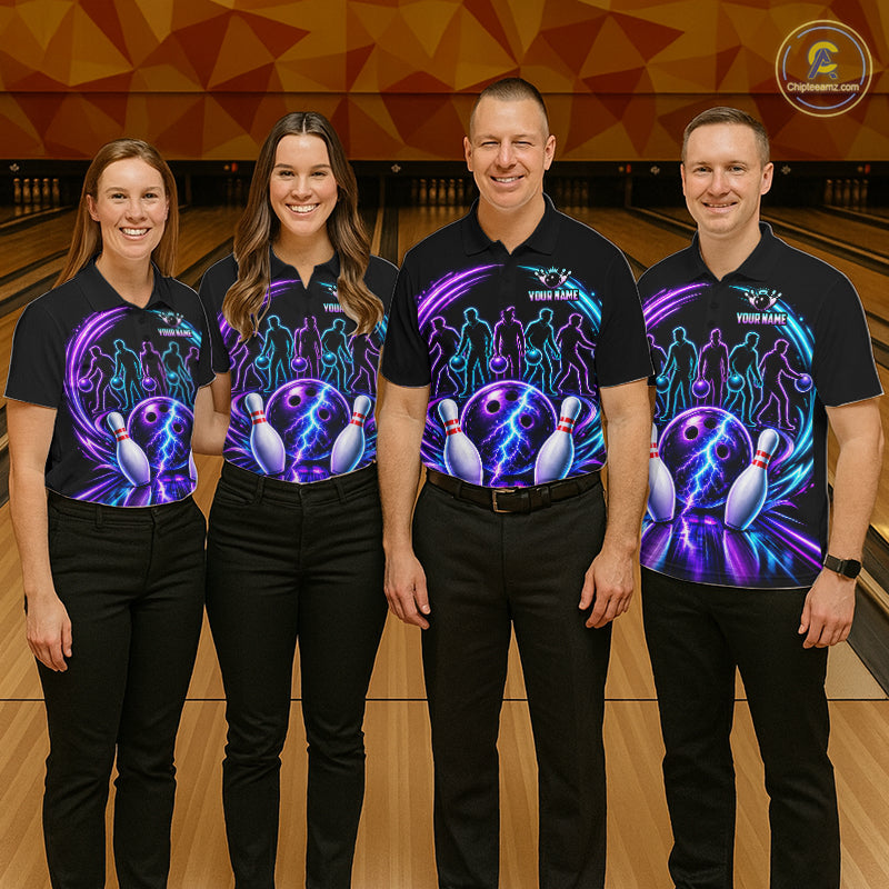 Custom Bowling Jerseys, Personalized Bowling Team Shirts For Women, Neon Lightning Tournament Polo Shirt NHT1597