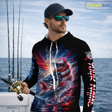 Load image into Gallery viewer, Patriotic Bass Fishing Long Sleeve Hooded Shirt – American Flag Design For Men