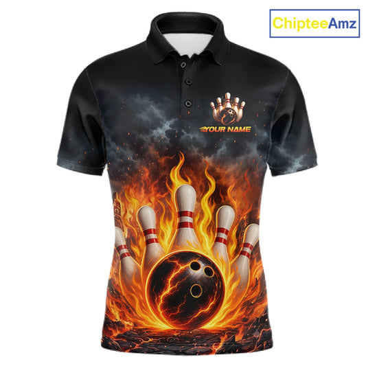 A black short-sleeve polo shirt with a custom bowling-themed graphic print featuring a flaming bowling ball and pins, set against a dark smoky background. The shirt includes a customizable name placeholder on the chest and a 'ChipteeAmz' logo in the top right corner.