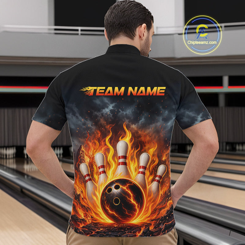 Fire Bowling Polo Shirt 1/4 Zip Personalized Custom Name Flaming Bowling Ball Team Jersey For Men NHT1284