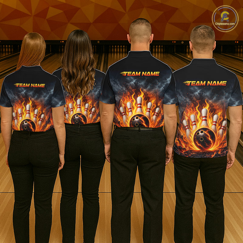Fire Bowling Polo Shirt 1/4 Zip Personalized Custom Name Flaming Bowling Ball Team Jersey For Women NHT1284