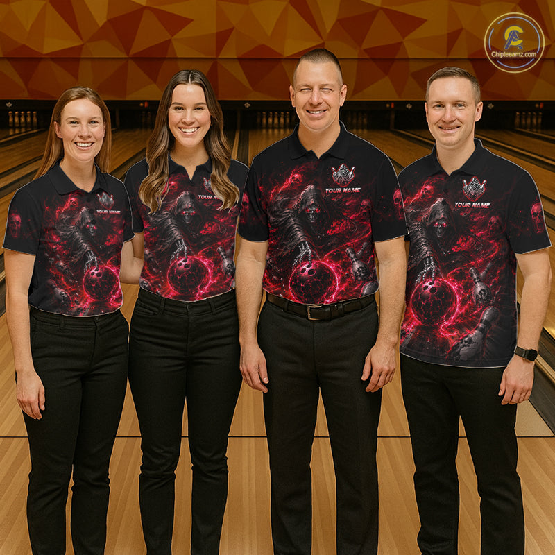 Custom Red Fire Grim Reaper Bowling Jersey For Womens Bowling Team Shirts Bowling League Polo & 1/4 Zip NHT1147