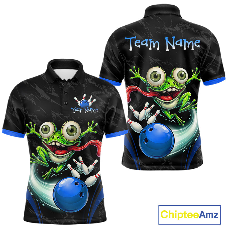 Front and back views of a black short-sleeve bowling-themed polo shirt with a large green cartoon frog, blue bowling ball, and customizable text areas reading 'Team Name' and 'Your Name'.
