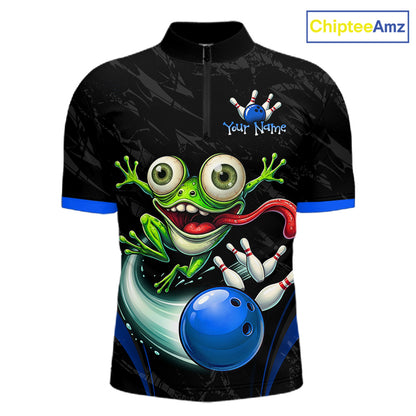 A short-sleeve cycling jersey with a black background and a large graphic of a green cartoon frog holding a blue bowling ball, with bowling pins and a bowler's strike pose. The jersey has blue trim on the collar and sleeve cuffs, a black zipper at the neck, and a customizable name placeholder printed on the chest.