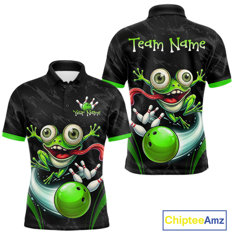 Front and back views of a black short-sleeve polo shirt with a vibrant green cartoon frog and bowling ball graphic, customizable text placeholders, and green trim on the collar, sleeves, and cuffs. A 'ChipteeAmz' logo is visible in the bottom right corner.