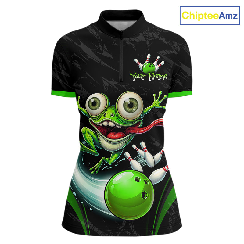 A black short-sleeve polo shirt with a green cartoon frog and bowling ball graphic on the front, featuring a mock zipper collar and a 'Your Name' customization placeholder on the chest. The ChipteeAmz logo is visible in the top right corner.