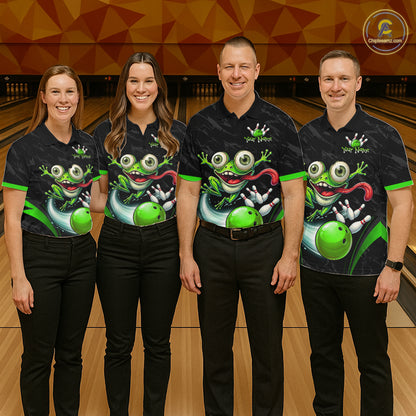 Funny Frog Bowling Polo Shirt 1/4 Zip Personalized Custom Name Green Bowling Ball Jersey For Women NHT1297