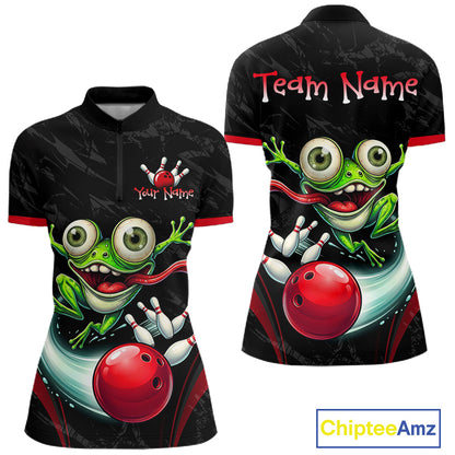 Front and back views of a black short-sleeve polo shirt with a colorful cartoon frog, bowling ball, and bowling pins graphic. The front features a small customizable name graphic on the left chest, and the back has 'Team Name' printed in red at the collar.