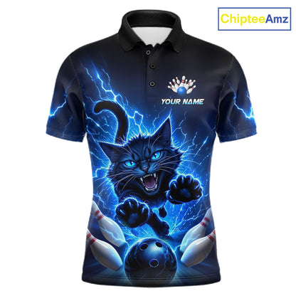 Men Cat Bowling Shirt Lightning Bowling Shirt Custom Name Team Shirt For Bowlers NHT1446