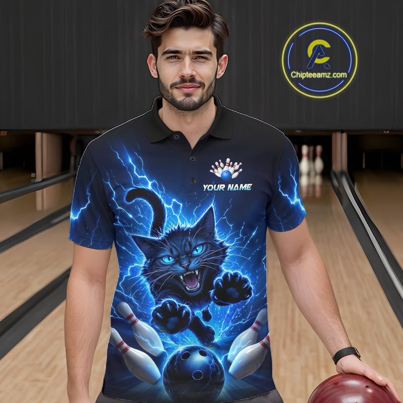 Men Cat Bowling Shirt Lightning Bowling Shirt Custom Name Team Shirt For Bowlers NHT1446