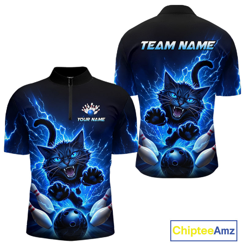 Men Cat Bowling Shirt Lightning Bowling Shirt Custom Name Team Shirt For Bowlers NHT1446
