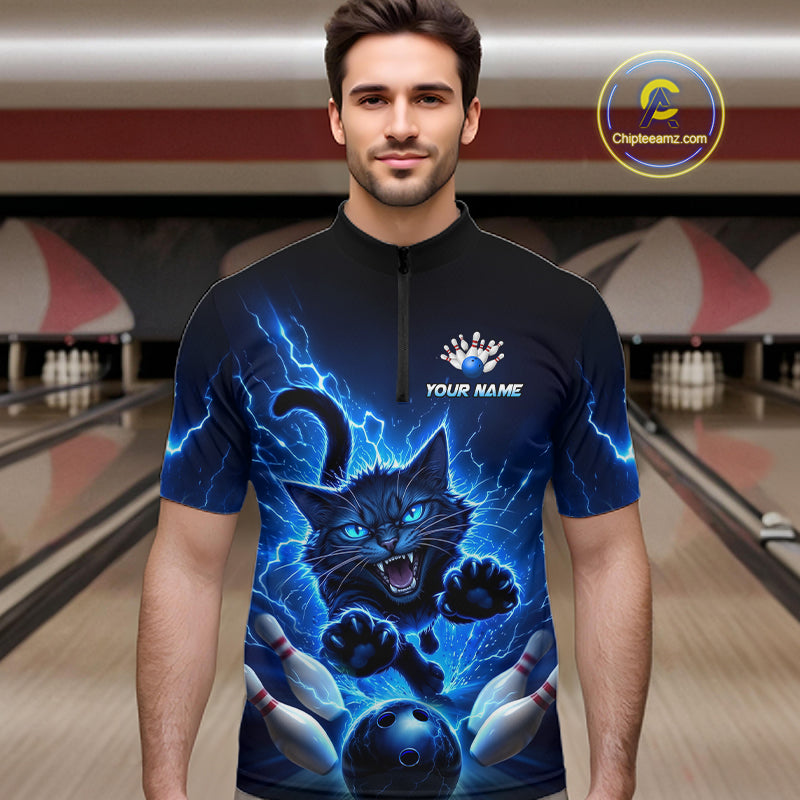 Men Cat Bowling Shirt Lightning Bowling Shirt Custom Name Team Shirt For Bowlers NHT1446