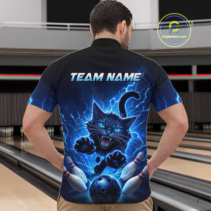 Men Cat Bowling Shirt Lightning Bowling Shirt Custom Name Team Shirt For Bowlers NHT1446