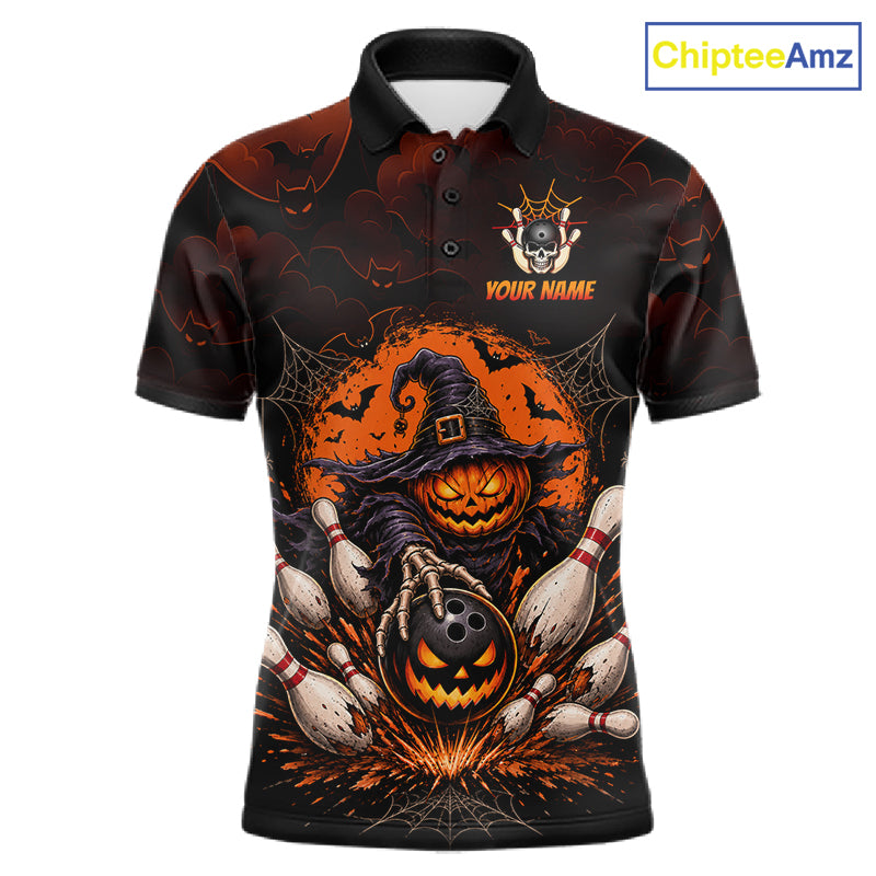 Men Custom Halloween Bowling Shirt, Personalized Team Name Pumpkin Bowling Polo, Halloween Gift NHT1605