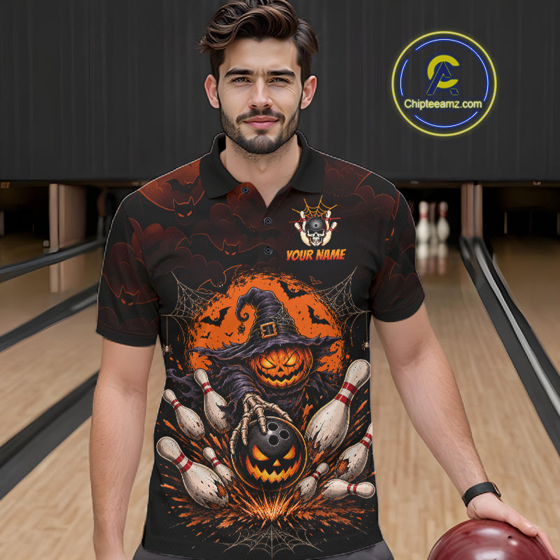 Men Custom Halloween Bowling Shirt, Personalized Team Name Pumpkin Bowling Polo, Halloween Gift NHT1605