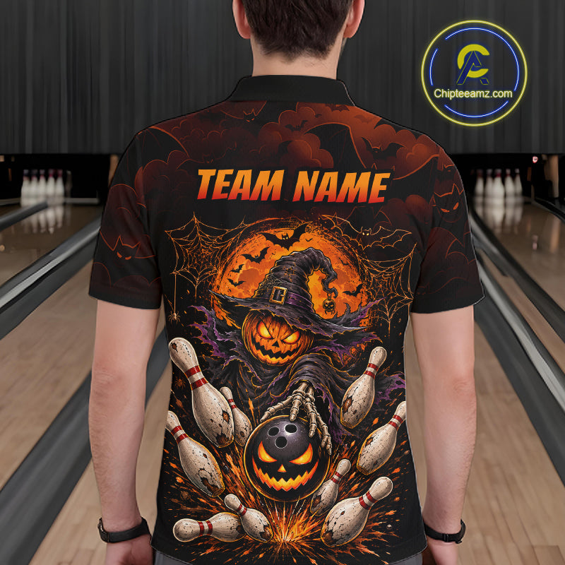 Men Custom Halloween Bowling Shirt, Personalized Team Name Pumpkin Bowling Polo, Halloween Gift NHT1605