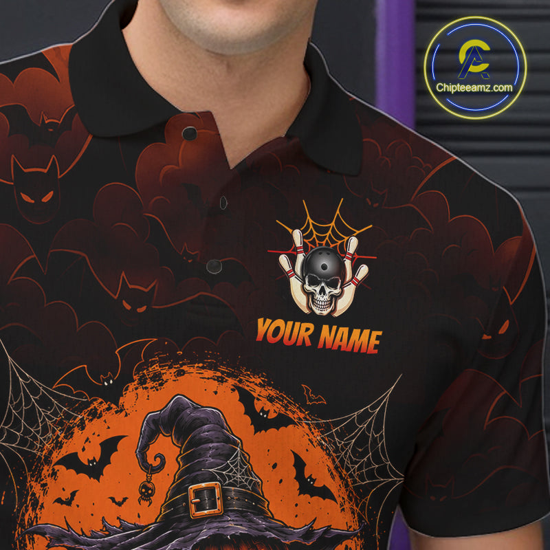 Men Custom Halloween Bowling Shirt, Personalized Team Name Pumpkin Bowling Polo, Halloween Gift NHT1605