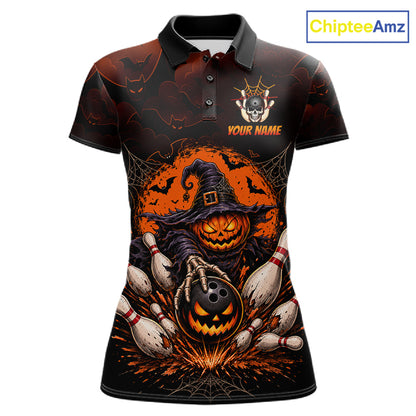 Women Custom Halloween Bowling Shirt, Personalized Team Name Pumpkin Bowling Polo, Halloween Gift NHT1605