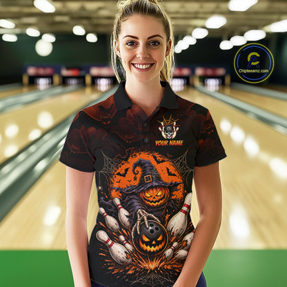 Women Custom Halloween Bowling Shirt, Personalized Team Name Pumpkin Bowling Polo, Halloween Gift NHT1605