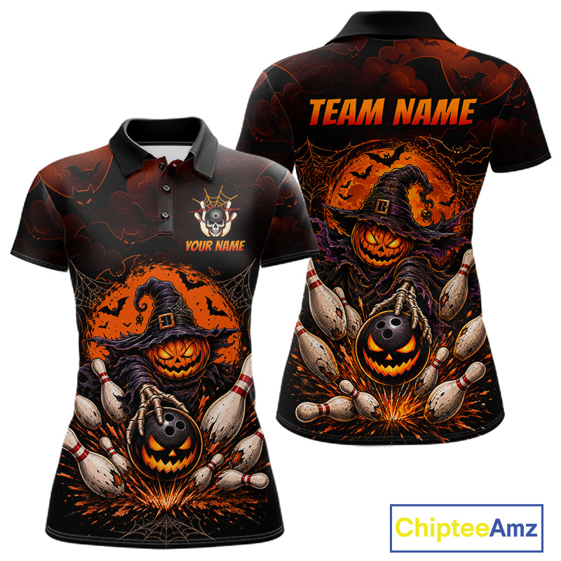 Women Custom Halloween Bowling Shirt, Personalized Team Name Pumpkin Bowling Polo, Halloween Gift NHT1605