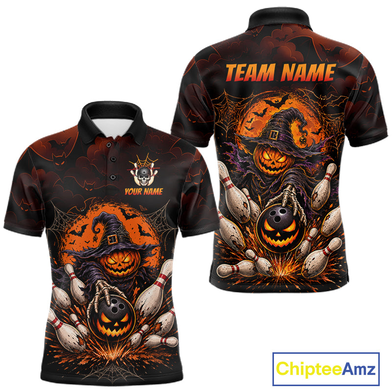 Men Custom Halloween Bowling Shirt, Personalized Team Name Pumpkin Bowling Polo, Halloween Gift NHT1605