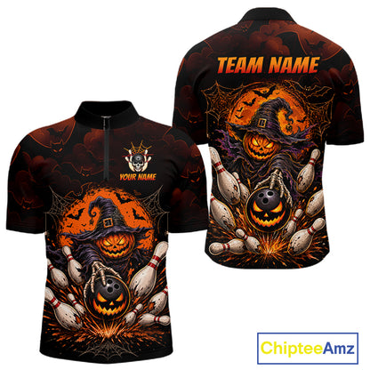 Men Custom Halloween Bowling Shirt, Personalized Team Name Pumpkin Bowling Polo, Halloween Gift NHT1605
