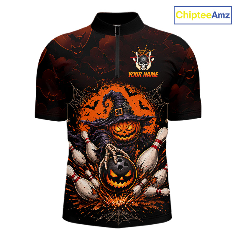 Men Custom Halloween Bowling Shirt, Personalized Team Name Pumpkin Bowling Polo, Halloween Gift NHT1605