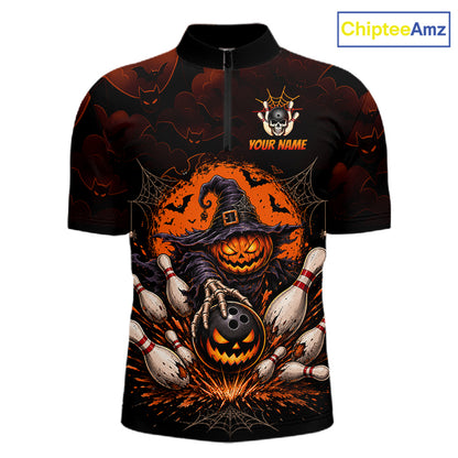 Men Custom Halloween Bowling Shirt, Personalized Team Name Pumpkin Bowling Polo, Halloween Gift NHT1605
