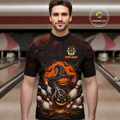 Men Custom Halloween Bowling Shirt, Personalized Team Name Pumpkin Bowling Polo, Halloween Gift NHT1605
